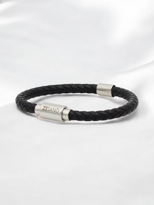 Schwarz, Lederarmband, Armband, Edelstahl, Magnetverschluss, integrierte Frequenztechnologie