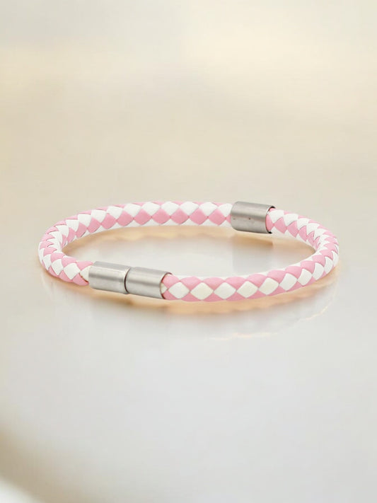 Lederarmband
Edelstahl
Magnetverschluss 
Kariert
Pink
Weiß