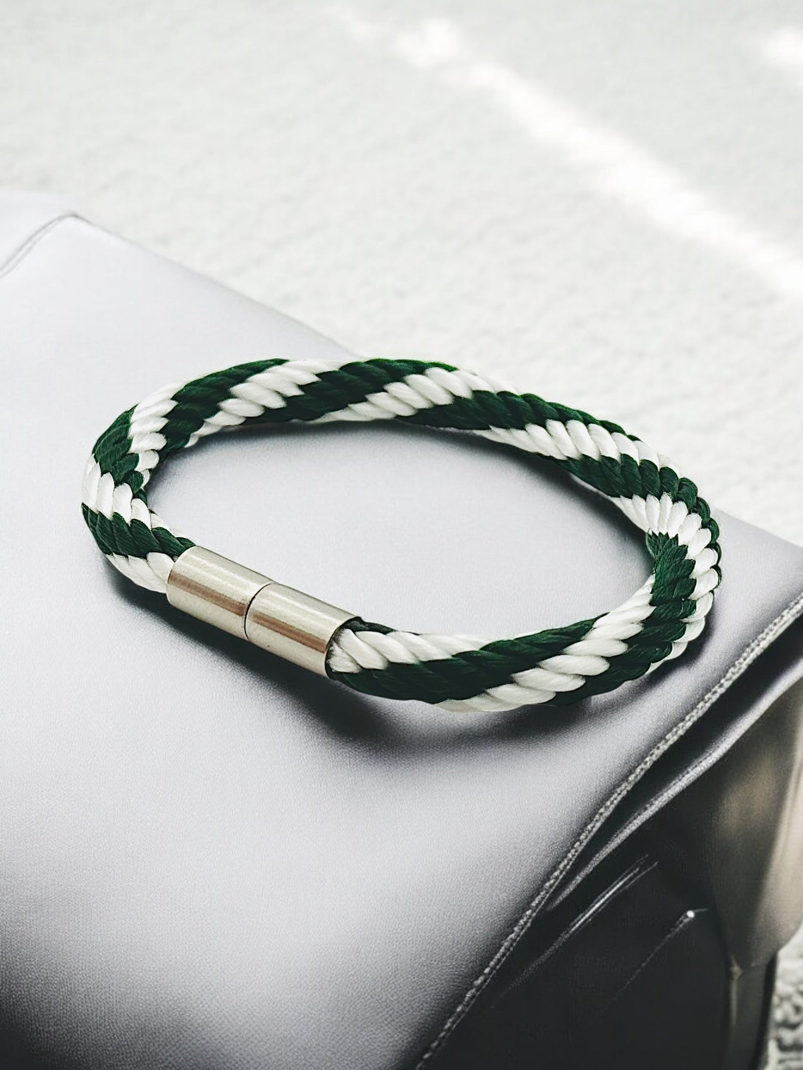 Armband, Segeltauarmband, Grün, Weiß, Streifen, Edelstahl, Magnetverschluss